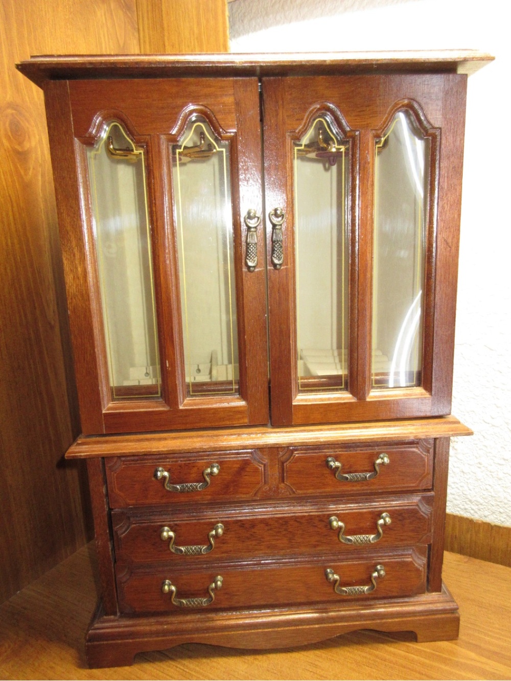 Wood-Tone Jewelry Armoire with Glass Doors